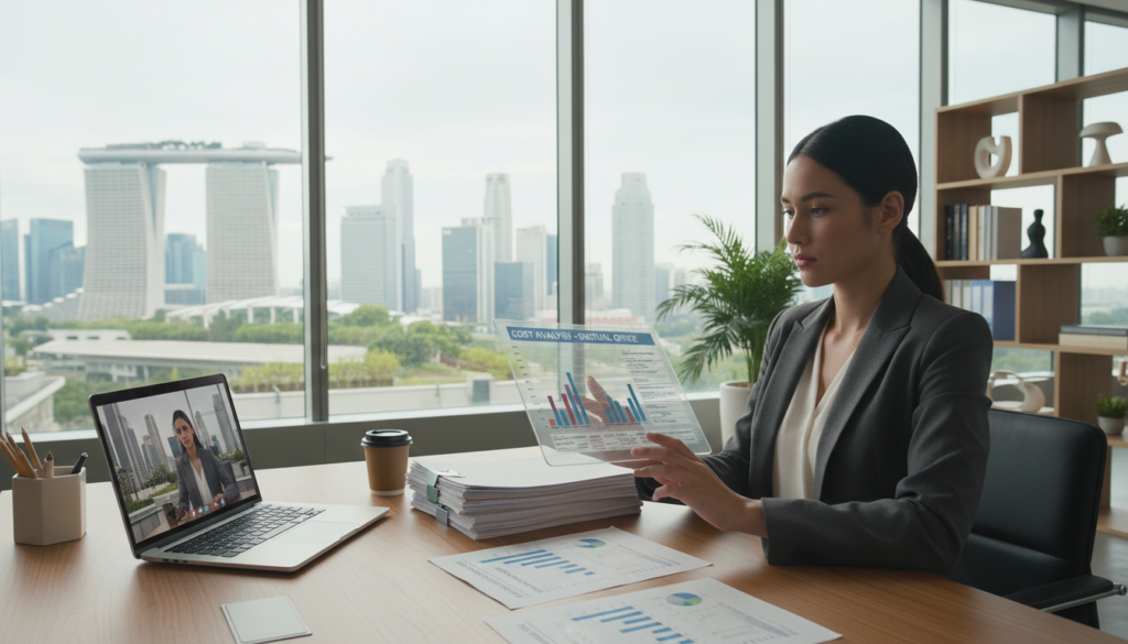 A photorealistic depiction of a virtual office setup in Singapore, showcasing a sleek, modern desk with a laptop, organized files, and cost-related documents prominently displayed. The foreground features a professional businessperson, dressed in business attire, analyzing expenses on a digital tablet. In the middle, a stylish office environment with large windows showcasing the iconic Singapore skyline, filled with tall buildings and greenery. Soft, natural light floods the space, creating a warm and inviting atmosphere. The background includes decorative plants and a minimalist bookshelf to enhance the professional feel. The overall mood is focused and efficient, emphasizing the theme of costs associated with virtual office services in Singapore. A photorealistic depiction of a virtual office setup in Singapore, showcasing a sleek, modern desk with a laptop, organized files, and cost-related documents prominently displayed. The foreground features a professional businessperson, dressed in business attire, analyzing expenses on a digital tablet. In the middle, a stylish office environment with large windows showcasing the iconic Singapore skyline, filled with tall buildings and greenery. Soft, natural light floods the space, creating a warm and inviting atmosphere. The background includes decorative plants and a minimalist bookshelf to enhance the professional feel. The overall mood is focused and efficient, emphasizing the theme of costs associated with virtual office services in Singapore.