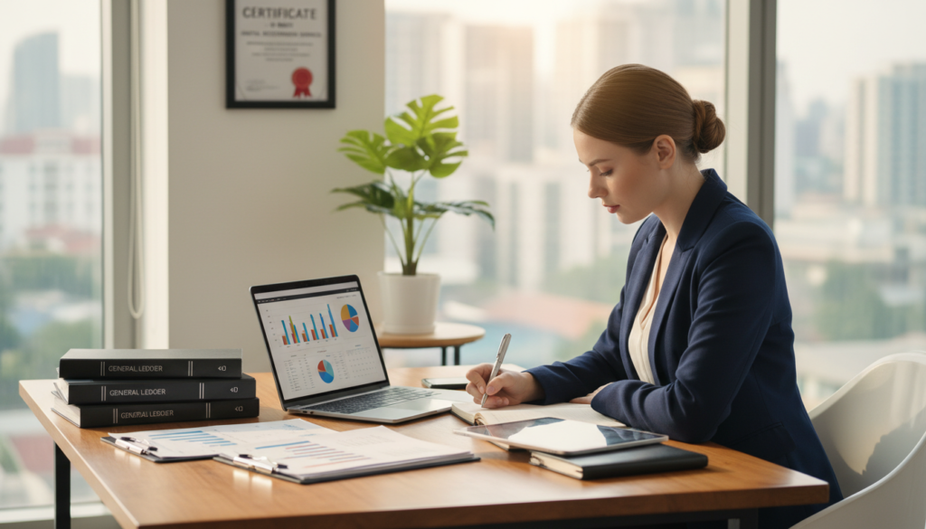A photorealistic depiction of an accounting and bookkeeping workspace. In the foreground, a well-organized desk features a laptop displaying graphs and financial data, alongside neatly arranged financial documents and accounting books. A professional businesswoman in smart attire focuses intently on her work, jotting down notes with a pen. The middle ground includes a potted plant for a touch of freshness and a wall-mounted certificate showcasing the merits of digital incorporation services. The background is softly lit, hinting at a modern office space with large windows allowing natural light to stream in, creating a warm and productive atmosphere. Emphasize a sense of professionalism, organization, and digital efficiency in the scene. A photorealistic depiction of an accounting and bookkeeping workspace. In the foreground, a well-organized desk features a laptop displaying graphs and financial data, alongside neatly arranged financial documents and accounting books. A professional businesswoman in smart attire focuses intently on her work, jotting down notes with a pen. The middle ground includes a potted plant for a touch of freshness and a wall-mounted certificate showcasing the merits of digital incorporation services. The background is softly lit, hinting at a modern office space with large windows allowing natural light to stream in, creating a warm and productive atmosphere. Emphasize a sense of professionalism, organization, and digital efficiency in the scene.