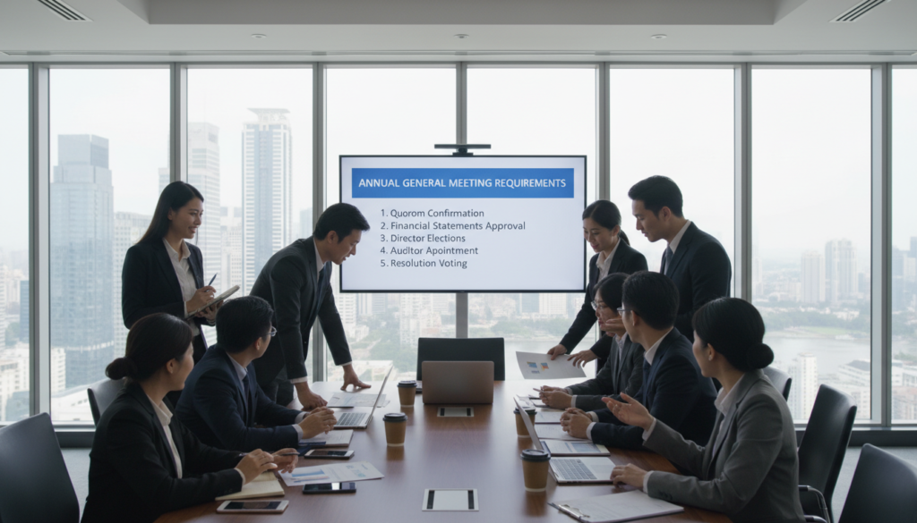 A photorealistic depiction of an annual general meeting in a modern conference room. In the foreground, a diverse group of professionals, dressed in business attire, are actively engaged in discussions around a sleek conference table laden with documents and laptops. The middle features a large screen displaying a presentation about AGM requirements, while a glass wall reveals a cityscape in the background under soft, natural lighting. Use a wide-angle lens to capture the energetic atmosphere, emphasizing collaboration and professionalism. The mood should be focused and dynamic, showcasing the importance of compliance in corporate governance within the serene, corporate environment. A photorealistic depiction of an annual general meeting in a modern conference room. In the foreground, a diverse group of professionals, dressed in business attire, are actively engaged in discussions around a sleek conference table laden with documents and laptops. The middle features a large screen displaying a presentation about AGM requirements, while a glass wall reveals a cityscape in the background under soft, natural lighting. Use a wide-angle lens to capture the energetic atmosphere, emphasizing collaboration and professionalism. The mood should be focused and dynamic, showcasing the importance of compliance in corporate governance within the serene, corporate environment.