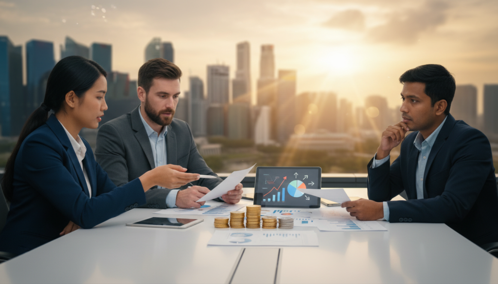 A photorealistic depiction of dividends symbolizing profit repatriation. In the foreground, a diverse group of three professionals in formal business attire, including a Southeast Asian woman, a Caucasian man, and a South Asian man, examine documents and financial charts on a sleek, modern conference table. In the middle ground, stacks of coins and a digital tablet displaying graphs rise prominently, contrasting with a blurred backdrop of a bustling Singapore skyline during sunset. Soft, warm lighting highlights the faces of the professionals, conveying a mood of collaboration and strategic planning. The angle is slightly elevated, providing a clear view of the interactions and financial symbols, creating an atmosphere of financial success and opportunity. A photorealistic depiction of dividends symbolizing profit repatriation. In the foreground, a diverse group of three professionals in formal business attire, including a Southeast Asian woman, a Caucasian man, and a South Asian man, examine documents and financial charts on a sleek, modern conference table. In the middle ground, stacks of coins and a digital tablet displaying graphs rise prominently, contrasting with a blurred backdrop of a bustling Singapore skyline during sunset. Soft, warm lighting highlights the faces of the professionals, conveying a mood of collaboration and strategic planning. The angle is slightly elevated, providing a clear view of the interactions and financial symbols, creating an atmosphere of financial success and opportunity.