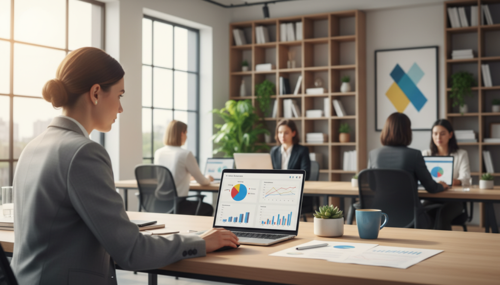 A photorealistic depiction of expense management software in a modern office environment. In the foreground, a sleek laptop displays a colorful dashboard of graphs and charts, showcasing detailed expense categories and analytics. A professional individual in business attire, focused on the screen, is seated at a stylish desk cluttered with financial documents and a coffee mug. The middle layer features a bright, airy office with large windows allowing natural light to flood in, adding warmth to the scene. In the background, shelves filled with books and potted plants enhance the productive atmosphere. The overall mood is one of organization, efficiency, and professionalism, highlighting the effective management of finances through technology.