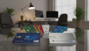 A photorealistic depiction of several corporate debit cards arranged neatly on a sleek glass surface, showcasing a variety of designs and colors. In the foreground, focus on a couple of cards featuring modern graphics and logos to emphasize innovation in corporate spending. The middle ground includes more cards, slightly fanned out to suggest diversity in options. In the background, a blurred office environment with soft, warm lighting creates a professional atmosphere. The angle is slightly elevated, capturing the sleek edges and reflectiveness of the cards, hinting at a sense of sophistication and financial control. Overall, the mood is focused and professional, reflecting the theme of corporate expense management.