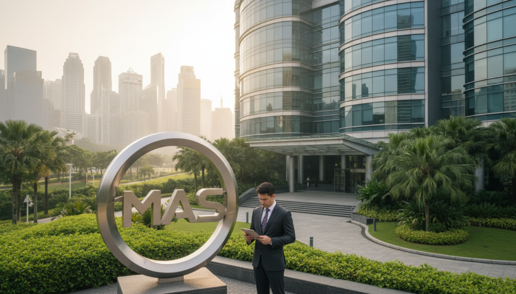 A photorealistic depiction of the Monetary Authority of Singapore (MAS) headquarters, showcasing its modern architecture with sleek glass facades and dynamic curves. In the foreground, a business professional in a smart suit, reviewing documents, stands confidently beside a large MAS logo prominently displayed. The middle ground features the building's entrance, with lush greenery lining the pathway, suggesting a sense of balance between nature and finance. In the background, the Singapore skyline can be observed, partially obscured by light mist, emphasizing the city's financial prominence. Soft, natural lighting filters down, creating a calm and inviting atmosphere, while the camera angle is slightly elevated, providing a compelling perspective on the scene that blends governance and professionalism seamlessly.