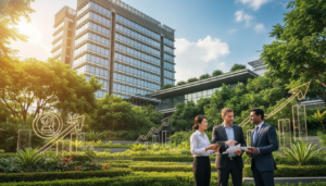 A photorealistic depiction of the Monetary Authority of Singapore's headquarters, an iconic modern building surrounded by lush greenery. In the foreground, a diverse group of professionals in business attire—an Asian woman, a Caucasian man, and a South Asian man—engage in a focused discussion with a digital tablet and documents in hand. In the middle ground, prominent financial symbols and graphs subtly integrated within the lush landscape, representing Singapore’s financial strength. The background features a bright blue sky with soft, fluffy clouds, while the sun casts warm, natural lighting over the scene, enhancing the atmosphere of optimism and growth. The overall mood is one of professionalism and success, reflecting Singapore’s reputation as a leading base for fund managers and investors.