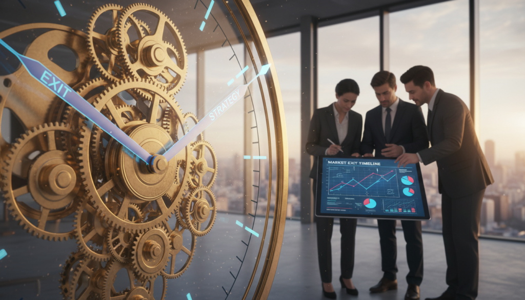 A photorealistic depiction of timing signals used in business strategies, featuring a close-up of a beautifully designed clock with intricate gears and clear timing markers in the foreground. In the middle ground, a diverse group of professional individuals in business attire discusses charts and graphs on a digital tablet, showing exit strategies. The background features a sleek modern office environment with large windows overlooking a cityscape bathed in warm, soft daylight, creating an atmosphere of focus and anticipation. The lighting should be bright yet soft, emphasizing teamwork and thoughtful decision-making. The perspective is slightly angled, allowing for depth and engagement with the scene, capturing the essence of timing in the exit journey. A photorealistic depiction of timing signals used in business strategies, featuring a close-up of a beautifully designed clock with intricate gears and clear timing markers in the foreground. In the middle ground, a diverse group of professional individuals in business attire discusses charts and graphs on a digital tablet, showing exit strategies. The background features a sleek modern office environment with large windows overlooking a cityscape bathed in warm, soft daylight, creating an atmosphere of focus and anticipation. The lighting should be bright yet soft, emphasizing teamwork and thoughtful decision-making. The perspective is slightly angled, allowing for depth and engagement with the scene, capturing the essence of timing in the exit journey.