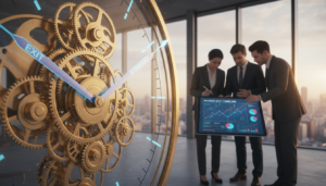 A photorealistic depiction of timing signals used in business strategies, featuring a close-up of a beautifully designed clock with intricate gears and clear timing markers in the foreground. In the middle ground, a diverse group of professional individuals in business attire discusses charts and graphs on a digital tablet, showing exit strategies. The background features a sleek modern office environment with large windows overlooking a cityscape bathed in warm, soft daylight, creating an atmosphere of focus and anticipation. The lighting should be bright yet soft, emphasizing teamwork and thoughtful decision-making. The perspective is slightly angled, allowing for depth and engagement with the scene, capturing the essence of timing in the exit journey.