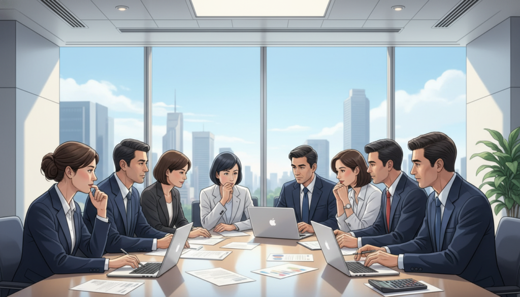A photorealistic illustration depicting a corporate tax environment in Singapore. In the foreground, a diverse group of professionals in business attire, including both men and women, are engaged in a discussion around a large table cluttered with financial documents, laptops, and calculators. Their expressions reflect concentration and collaboration. The middle layer should feature a sleek modern office with large windows, revealing a skyline of iconic Singapore buildings. The background captures a clear blue sky, adding a sense of openness. Soft, bright lighting highlights the workspace, creating an atmosphere of productivity and professionalism. The image should convey a sense of focus on corporate tax concepts, exemptions, and the complexities of taxation in Singapore. A photorealistic illustration depicting a corporate tax environment in Singapore. In the foreground, a diverse group of professionals in business attire, including both men and women, are engaged in a discussion around a large table cluttered with financial documents, laptops, and calculators. Their expressions reflect concentration and collaboration. The middle layer should feature a sleek modern office with large windows, revealing a skyline of iconic Singapore buildings. The background captures a clear blue sky, adding a sense of openness. Soft, bright lighting highlights the workspace, creating an atmosphere of productivity and professionalism. The image should convey a sense of focus on corporate tax concepts, exemptions, and the complexities of taxation in Singapore.