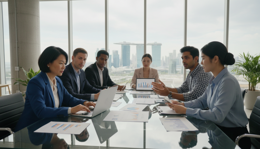 A photorealistic illustration depicting a diverse group of professionals engaged in a funding planning meeting in a modern office environment. In the foreground, a middle-aged Asian woman in business attire is analyzing financial graphs on a laptop, while a young South Asian man shares insights with a notepad in hand. In the middle, a large glass table is filled with charts, reports, and a digital tablet displaying cash flow forecasts. The background shows a contemporary office with large windows, offering a panoramic view of Singapore’s skyline under soft, natural lighting. The atmosphere is focused and collaborative, reflecting a mood of strategic planning and support for SMEs and growing companies.