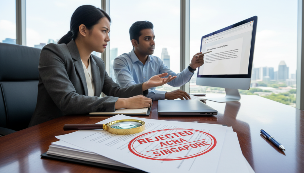 A photorealistic illustration depicting a professional office setting focused on company registration rejection in Singapore. In the foreground, a neatly organized desk with official documents, a rejected application stamp, and a magnifying glass examining a form. In the middle ground, a professional Asian woman dressed in business attire, looking concerned while discussing with an advisor who points at a computer screen displaying a web page about ACRA regulations. In the background, large windows show a glimpse of Singapore’s skyline, flooded with natural light. The mood is serious yet informative, emphasizing the complexities and challenges of the company registration process while capturing the essence of professional business interactions.
