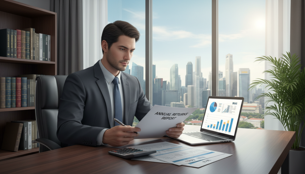 A photorealistic illustration of a corporate office environment, showcasing a business professional in a tailored suit examining an annual returns report. The foreground features the individual seated at a sleek, modern desk with a laptop, tax documents, and a calculator, conveying a sense of focus and determination. In the middle, a large window reveals a bright Singapore skyline, symbolizing growth and compliance. The background includes subtle elements like a bookshelf filled with corporate law books and a potted plant, adding a touch of warmth. Soft, natural lighting bathes the scene, creating an atmosphere of professionalism and clarity. The overall composition reflects the theme of corporate responsibility and the importance of fulfilling regulatory obligations to ACRA and IRAS.