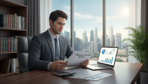 A photorealistic illustration of a corporate office environment, showcasing a business professional in a tailored suit examining an annual returns report. The foreground features the individual seated at a sleek, modern desk with a laptop, tax documents, and a calculator, conveying a sense of focus and determination. In the middle, a large window reveals a bright Singapore skyline, symbolizing growth and compliance. The background includes subtle elements like a bookshelf filled with corporate law books and a potted plant, adding a touch of warmth. Soft, natural lighting bathes the scene, creating an atmosphere of professionalism and clarity. The overall composition reflects the theme of corporate responsibility and the importance of fulfilling regulatory obligations to ACRA and IRAS.