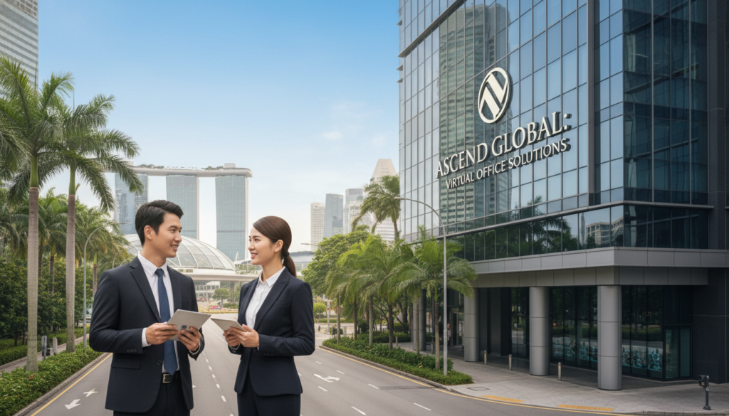 A photorealistic image capturing a premium business address in Singapore, showcasing a modern office building with a sleek glass facade on a bustling city street. In the foreground, a professional-looking man and woman in business attire are engaged in a conversation, holding digital tablets. In the middle, elegant signage on the building displays a fictional company name, indicating it offers virtual office services. The background reveals iconic Singaporean architecture and lush greenery, under a clear blue sky. The scene is bathed in soft, natural sunlight, creating a bright and inviting atmosphere. The angle is slightly elevated, providing a comprehensive view of the surroundings while emphasizing the modernity of the business address. A photorealistic image capturing a premium business address in Singapore, showcasing a modern office building with a sleek glass facade on a bustling city street. In the foreground, a professional-looking man and woman in business attire are engaged in a conversation, holding digital tablets. In the middle, elegant signage on the building displays a fictional company name, indicating it offers virtual office services. The background reveals iconic Singaporean architecture and lush greenery, under a clear blue sky. The scene is bathed in soft, natural sunlight, creating a bright and inviting atmosphere. The angle is slightly elevated, providing a comprehensive view of the surroundings while emphasizing the modernity of the business address.