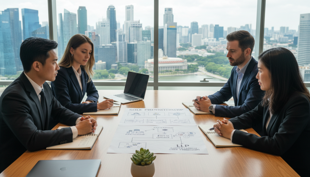 A photorealistic image depicting a business consultation table set up in a modern Singaporean office. In the foreground, a diverse group of four professionals, two men and two women, are engaged in a focused discussion, dressed in smart business attire. They are reviewing a large document with diagrams illustrating different business structures, such as sole proprietorships and partnerships. In the middle, the polished wooden table is adorned with laptops, notepads, and a small potted plant. The background features a large window with a view of the Singapore skyline under bright natural lighting, creating a sense of openness and clarity. The atmosphere is one of collaboration and professionalism, capturing the essence of choosing the right business structure for an e-commerce venture. A photorealistic image depicting a business consultation table set up in a modern Singaporean office. In the foreground, a diverse group of four professionals, two men and two women, are engaged in a focused discussion, dressed in smart business attire. They are reviewing a large document with diagrams illustrating different business structures, such as sole proprietorships and partnerships. In the middle, the polished wooden table is adorned with laptops, notepads, and a small potted plant. The background features a large window with a view of the Singapore skyline under bright natural lighting, creating a sense of openness and clarity. The atmosphere is one of collaboration and professionalism, capturing the essence of choosing the right business structure for an e-commerce venture.