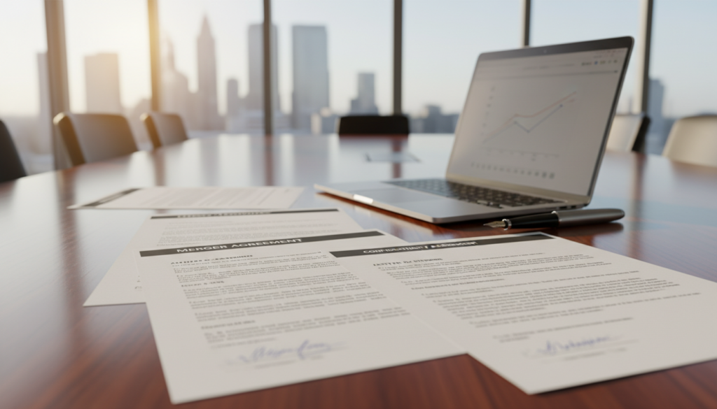 A photorealistic image depicting a collection of essential core transaction documents spread across a polished wooden conference table. In the foreground, detailed close-ups of documents, such as a merger agreement, confidentiality agreement, and letter of intent, showcasing clear headings and well-organized layouts. The middle ground features a sleek laptop and a professional pen resting beside the documents. In the background, a softly blurred modern office space with large windows allowing natural light to illuminate the scene, creating a warm and professional atmosphere. The overall composition conveys a sense of focus and seriousness, emphasizing the importance of these documents in the mergers and acquisitions process.