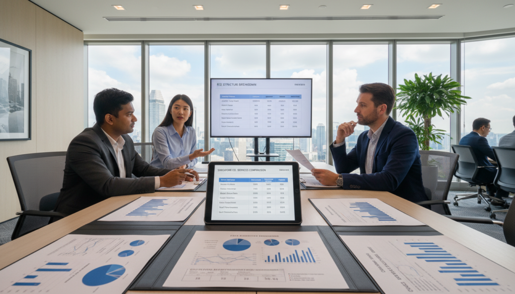 A photorealistic image depicting a comparison of top company incorporation services in Singapore. In the foreground, a modern, sleek conference table with detailed case studies and charts laid out, showcasing key features of each service. In the middle, a diverse group of three professionals dressed in smart business attire, engaged in discussion, pointing at a graphic representation of comparison indicators like pricing, services offered, and customer ratings. The background features a contemporary office setting with large windows revealing a city skyline bathed in natural light, creating an inspiring atmosphere. The overall mood is focused and professional, reflecting a collaborative evaluation process. The scene captures the essence of informed decision-making in the business landscape.