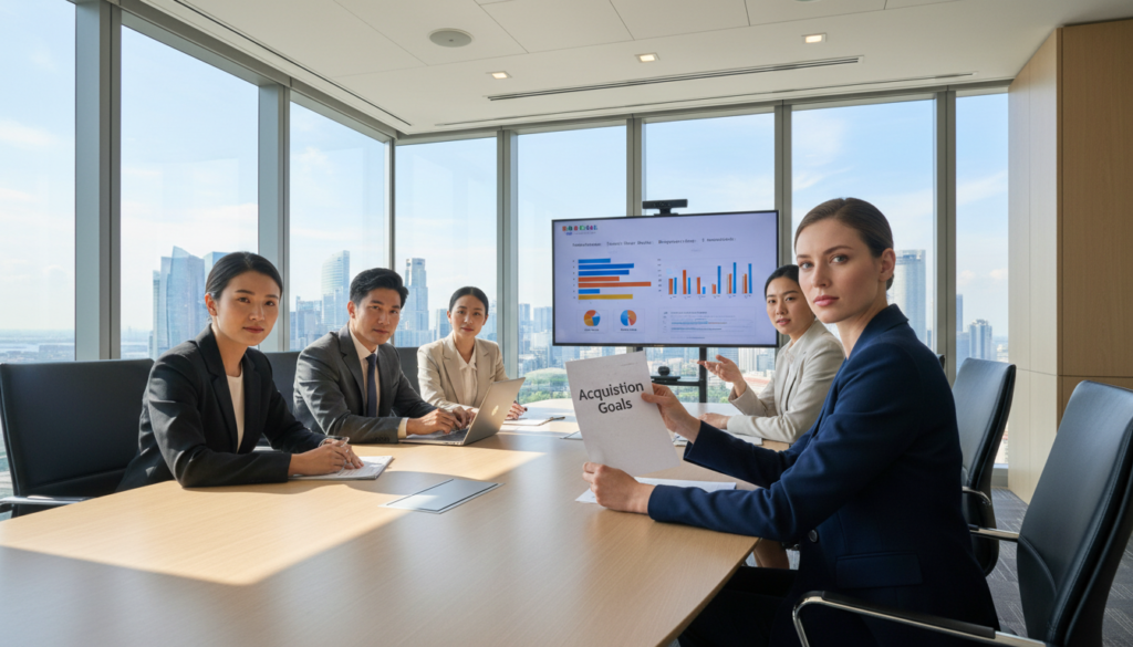A photorealistic image depicting a corporate meeting room with a diverse group of professionals in business attire. In the foreground, a focused businesswoman examines a document labeled "Acquisition Goals" at a sleek, modern conference table. The middle ground features a diverse group of individuals engaged in discussion, with a digital screen displaying various target criteria, like "Market Size" and "Financial Health." In the background, large windows reveal a skyline view of Singapore, bathed in soft natural light. The atmosphere is one of determination and strategic planning, conveying a serious yet collaborative mood. The camera angle captures a wide shot that emphasizes both the individuals and the dynamic setting.
