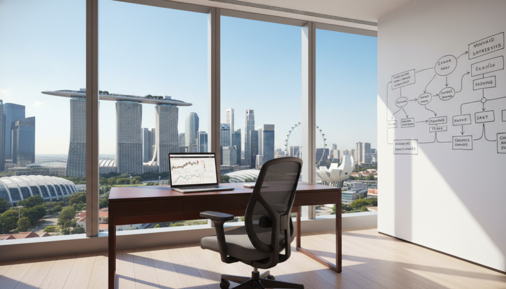 A photorealistic image depicting a modern office environment designed for remote management of a business. In the foreground, a sleek, minimalist desk made of dark wood with a high-end laptop open, displaying a chart website. A comfortable ergonomic chair is positioned beside the desk. In the middle ground, a large window reveals a panoramic view of Singapore's skyline, showcasing iconic buildings like Marina Bay Sands and the Singapore Flyer. The lighting is bright and natural, filtering through the window, casting soft shadows. In the background, a whiteboard filled with diagrams and business strategies hints at collaboration. The atmosphere conveys professionalism and clarity, inviting the viewer into an efficient workspace optimized for Singapore business structure management. A photorealistic image depicting a modern office environment designed for remote management of a business. In the foreground, a sleek, minimalist desk made of dark wood with a high-end laptop open, displaying a chart website. A comfortable ergonomic chair is positioned beside the desk. In the middle ground, a large window reveals a panoramic view of Singapore's skyline, showcasing iconic buildings like Marina Bay Sands and the Singapore Flyer. The lighting is bright and natural, filtering through the window, casting soft shadows. In the background, a whiteboard filled with diagrams and business strategies hints at collaboration. The atmosphere conveys professionalism and clarity, inviting the viewer into an efficient workspace optimized for Singapore business structure management.