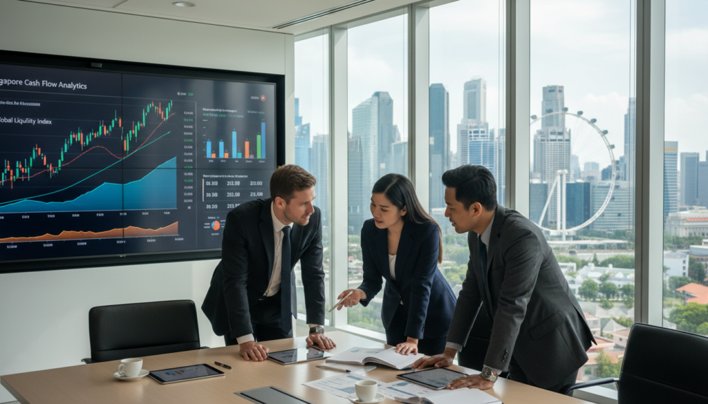 A photorealistic image depicting a modern office setting focused on cash flow management services in Singapore. In the foreground, a diverse group of three professionals of Asian and Caucasian descent, dressed in smart business attire, engage in a collaborative discussion around a sleek conference table filled with financial reports and digital tablets. The middle ground features a large wall screen displaying dynamic graphs and charts related to cash flow statistics. In the background, large windows reveal a panoramic view of Singapore’s iconic skyline, including Marina Bay Sands and the Singapore Flyer, under bright, natural daylight that creates a professional and energetic atmosphere. The lighting is bright and well-distributed, emphasizing clarity and focus in the workspace. The overall mood conveys professionalism, teamwork, and innovation in financial management.