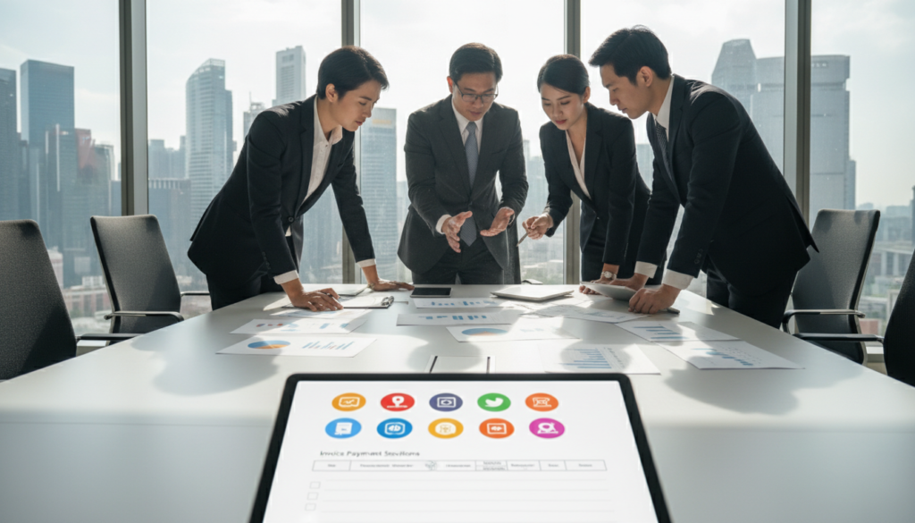 A photorealistic image depicting a modern office setting where a diverse group of professionals in business attire are engaged in a collaborative discussion around a large conference table. The foreground features a digital tablet displaying various icons representing payment providers, with a checklist on the screen visible but no text. In the middle, professionals are analyzing documents and charts showcasing comparison metrics for different invoice payment solutions. The background features large windows with a view of a bustling cityscape, bathed in natural daylight, emphasizing the vibrant atmosphere of business in Singapore. The scene conveys a sense of professionalism, focus, and teamwork, showcasing the meticulous process of shortlisting payment providers.