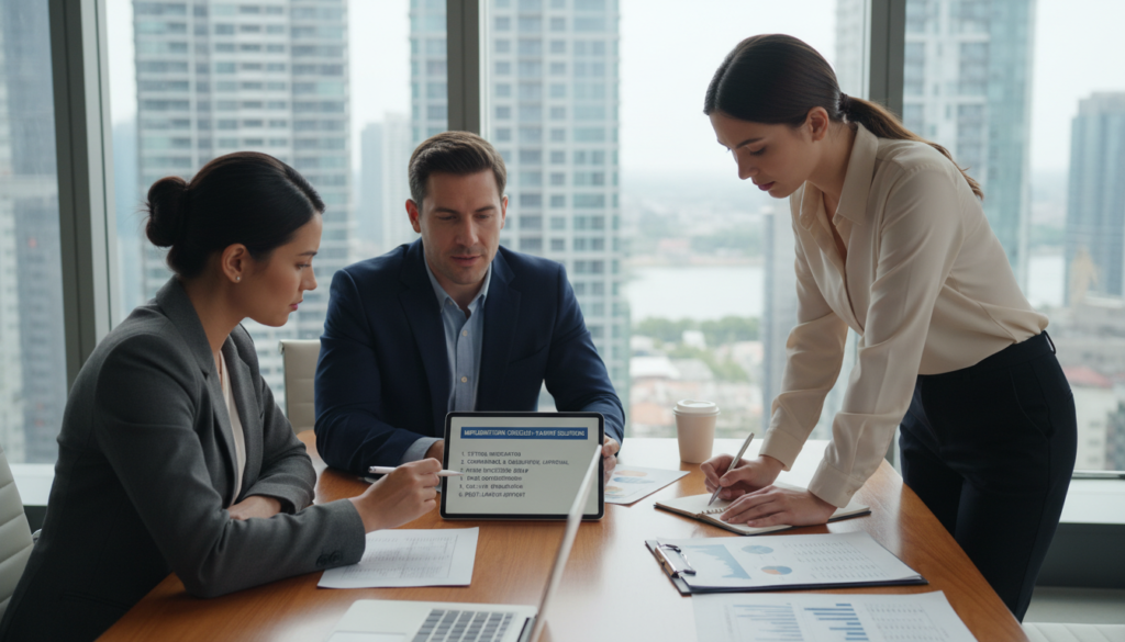 A photorealistic image depicting a professional business meeting centered around an "implementation checklist" for payment solutions. In the foreground, a diverse group of three business professionals—two women and one man—are discussing a checklist displayed on a digital tablet. They are dressed in smart business attire: dark suits with crisp shirts, and a light blouse. The middle ground showcases a sleek modern conference table cluttered with financial documents, laptops, and a cup of coffee. In the background, a bright and airy office space filled with large windows allowing natural light to flood in, featuring a city skyline view. The mood is focused and collaborative, emphasizing productivity and professionalism, captured with a sharp focus on the group's expressions and the checklist. The angle is slightly elevated, providing a comprehensive view of the interactions.