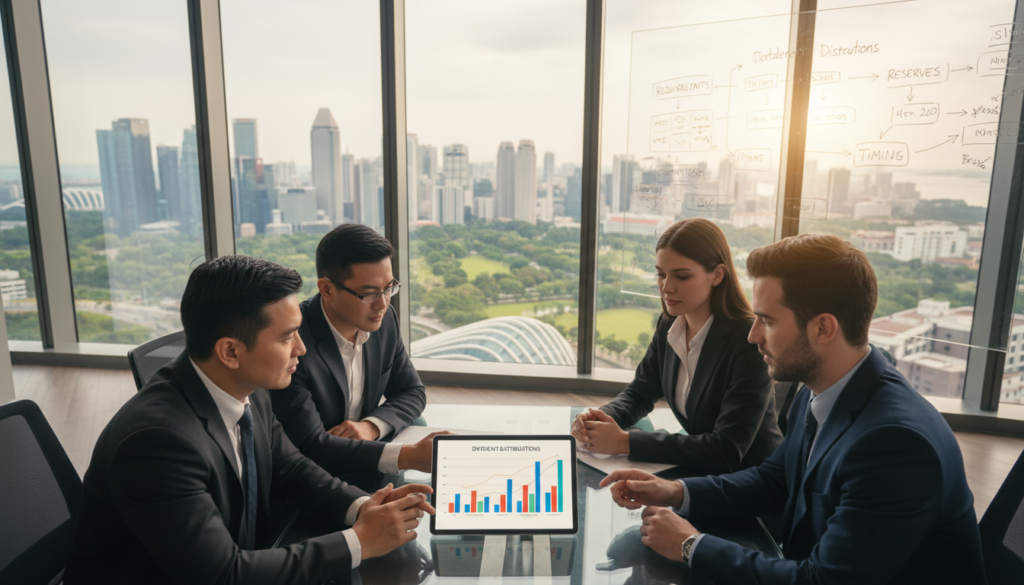 A photorealistic image depicting a professional business meeting in a sleek, modern office environment. In the foreground, a diverse group of four business professionals, dressed in business attire, are engaged in discussion over a digital tablet displaying charts and graphs related to dividend distributions. The middle ground features a large window revealing a panoramic view of Singapore's skyline, with iconic buildings and greenery. In the background, a whiteboard is filled with notes and financial diagrams, hinting at requirements, reserves, and timing. Soft, natural lighting floods the room, creating a productive and optimistic atmosphere. The angle captures the focus on the tablet and the engaged expressions of the participants, emphasizing collaboration and informed decision-making. A photorealistic image depicting a professional business meeting in a sleek, modern office environment. In the foreground, a diverse group of four business professionals, dressed in business attire, are engaged in discussion over a digital tablet displaying charts and graphs related to dividend distributions. The middle ground features a large window revealing a panoramic view of Singapore's skyline, with iconic buildings and greenery. In the background, a whiteboard is filled with notes and financial diagrams, hinting at requirements, reserves, and timing. Soft, natural lighting floods the room, creating a productive and optimistic atmosphere. The angle captures the focus on the tablet and the engaged expressions of the participants, emphasizing collaboration and informed decision-making.