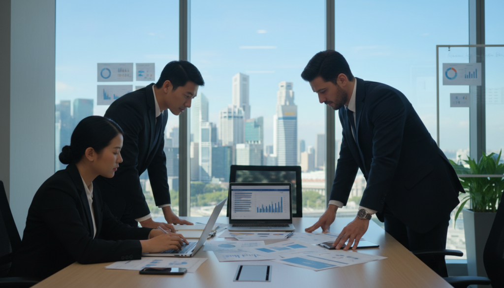 A photorealistic image depicting a professional business setting highlighting the concept of tax residency issues. In the foreground, a diverse group of three business people in formal attire (suits) are engaged in a focused discussion around a large conference table, with laptops and financial documents spread out. The middle ground features a large window with a view of Singapore’s skyline, showcasing iconic skyscrapers under a clear blue sky. In the background, a gently lit office space with modern decor, green plants, and charts on the walls further emphasizes a corporate atmosphere. The lighting is bright and natural, casting soft shadows, creating a serious yet collaborative mood, ideal for a financial discussion. A photorealistic image depicting a professional business setting highlighting the concept of tax residency issues. In the foreground, a diverse group of three business people in formal attire (suits) are engaged in a focused discussion around a large conference table, with laptops and financial documents spread out. The middle ground features a large window with a view of Singapore’s skyline, showcasing iconic skyscrapers under a clear blue sky. In the background, a gently lit office space with modern decor, green plants, and charts on the walls further emphasizes a corporate atmosphere. The lighting is bright and natural, casting soft shadows, creating a serious yet collaborative mood, ideal for a financial discussion.