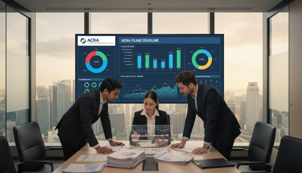 A photorealistic image depicting a professional setting focused on annual returns filing with ACRA. In the foreground, a diverse group of business professionals, dressed in formal business attire, are attentively reviewing financial documents and charts on a conference table. The middle ground features a large digital display showcasing pie charts and graphs representing annual returns data, with bright, clear colors. In the background, large windows reveal a view of Singapore’s skyline, bathed in soft natural light that enhances the productivity atmosphere. The overall mood is one of collaboration and diligence, emphasizing the importance of accurate financial reporting. The angle captures the professionals engaged in discussion, creating a sense of urgency and focus. A photorealistic image depicting a professional setting focused on annual returns filing with ACRA. In the foreground, a diverse group of business professionals, dressed in formal business attire, are attentively reviewing financial documents and charts on a conference table. The middle ground features a large digital display showcasing pie charts and graphs representing annual returns data, with bright, clear colors. In the background, large windows reveal a view of Singapore’s skyline, bathed in soft natural light that enhances the productivity atmosphere. The overall mood is one of collaboration and diligence, emphasizing the importance of accurate financial reporting. The angle captures the professionals engaged in discussion, creating a sense of urgency and focus.