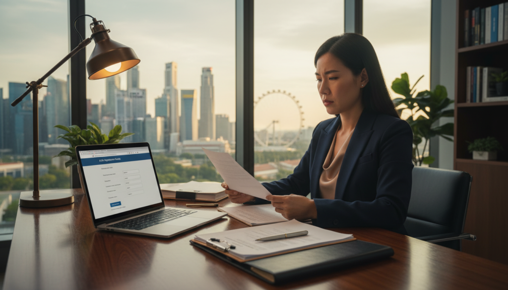 A photorealistic image depicting a professional workspace dedicated to company name reservation in Singapore. In the foreground, a sleek wooden desk with an open laptop displaying the ACRA registration portal, alongside neatly stacked documents and a pristine notepad. The middle layer showcases a confident business professional, a woman in a tailored blazer, diligently reviewing paperwork, reflecting focus and determination. In the background, a large window with a view of Singapore's iconic skyline bathed in warm natural light, enhancing the atmosphere of ambition and professionalism. Subtle reflections on the desk and the soft glow from a desk lamp create an inviting yet serious mood, emphasizing the importance of proper company registration and compliance. A photorealistic image depicting a professional workspace dedicated to company name reservation in Singapore. In the foreground, a sleek wooden desk with an open laptop displaying the ACRA registration portal, alongside neatly stacked documents and a pristine notepad. The middle layer showcases a confident business professional, a woman in a tailored blazer, diligently reviewing paperwork, reflecting focus and determination. In the background, a large window with a view of Singapore's iconic skyline bathed in warm natural light, enhancing the atmosphere of ambition and professionalism. Subtle reflections on the desk and the soft glow from a desk lamp create an inviting yet serious mood, emphasizing the importance of proper company registration and compliance.