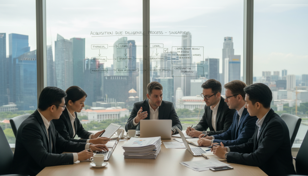 A photorealistic image depicting a step-by-step due diligence process in a business acquisition in Singapore. In the foreground, a diverse group of professionals in smart business attire engages around a modern conference table, analyzing documents and laptops that display financial data and charts. The middle ground features a large whiteboard filled with flowcharts and checklists illustrating various due diligence steps. In the background, panoramic windows showcase a bustling Singapore skyline under soft, natural lighting, creating a productive atmosphere. The mood is focused and collaborative, highlighting critical analytical discussions and teamwork essential for mastering the due diligence process in business acquisitions. A photorealistic image depicting a step-by-step due diligence process in a business acquisition in Singapore. In the foreground, a diverse group of professionals in smart business attire engages around a modern conference table, analyzing documents and laptops that display financial data and charts. The middle ground features a large whiteboard filled with flowcharts and checklists illustrating various due diligence steps. In the background, panoramic windows showcase a bustling Singapore skyline under soft, natural lighting, creating a productive atmosphere. The mood is focused and collaborative, highlighting critical analytical discussions and teamwork essential for mastering the due diligence process in business acquisitions.