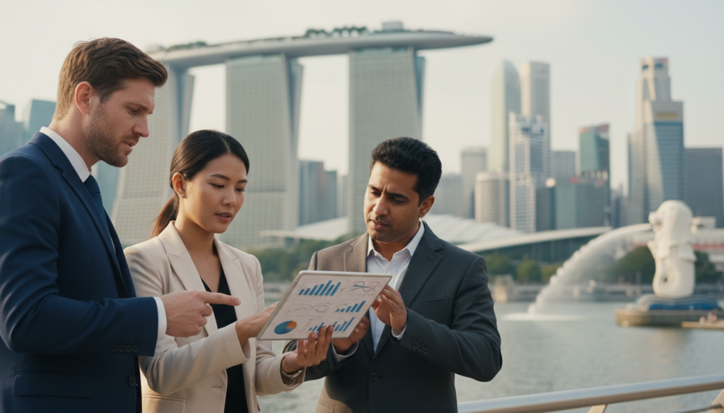 A photorealistic image depicting a vibrant Singaporean cityscape in the background, showcasing iconic landmarks like Marina Bay Sands and the Merlion. In the foreground, a diverse group of three professionals – a Caucasian male, an Asian female, and a Middle-Eastern male – are engaged in a serious discussion while analyzing graphs and charts displayed on a tablet. They are dressed in tailored business attire, reflecting professionalism and focus. The lighting is bright yet soft, casting natural shadows, with a slight lens blur on the background to emphasize the subjects. Capture the atmosphere of intensity and collaboration, illustrating the importance of business valuation in a dynamic market.