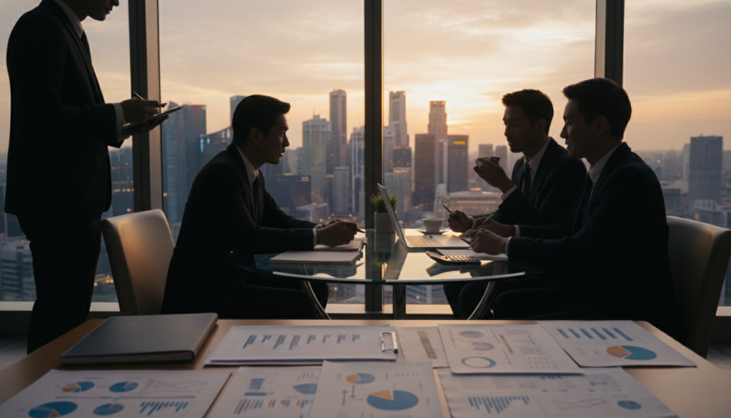 A photorealistic image depicting cash flow analysis, featuring a well-organized desk in the foreground with financial documents, charts, and a laptop displaying a cash flow spreadsheet. In the middle ground, an elegant glass table holds a calculator and a cup of coffee, symbolizing a professional atmosphere. The background shows a large window with a view of Singapore's skyline at dusk, with soft, warm lighting reflecting off the buildings. The overall mood is one of focus and productivity, with business professionals in smart attire deeply engaged in conversation while analyzing data, creating a dynamic and informative scene perfect for illustrating careful preparation before valuing a foreign business.