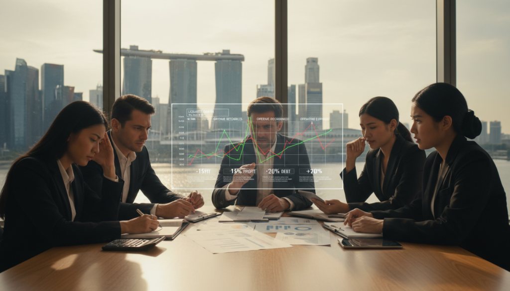 A photorealistic image depicting cash flow challenges faced by Singaporean business owners. In the foreground, a diverse group of professionals in modern business attire, expressing concern, gather around a table strewn with financial documents, charts, and calculators. They display a mix of facial expressions, from worry to contemplation. The middle ground features a large, transparent screen displaying fluctuating cash flow graphs and financial statistics, emphasizing the challenges. In the background, a cityscape of Singapore with iconic skyscrapers is visible through a large window, bathed in soft natural light, creating a serious yet hopeful atmosphere. The overall mood suggests a serious discussion on financial management, reflecting the urgency of cash flow issues in today's business environment.