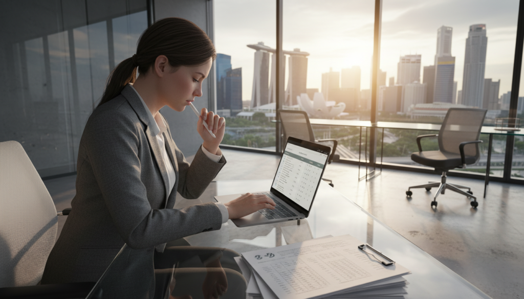 A photorealistic image depicting the concept of company registration costs in Singapore. In the foreground, a professional businesswoman in smart attire is analyzing a large financial document and calculating fees on a laptop, showcasing an expression of focus and determination. In the middle ground, a modern office setting featuring Singaporean architectural elements like glass windows and sleek furniture highlights the urban environment. The background features a view of the iconic skyline of Singapore, with tall skyscrapers and the Marina Bay Sands. Soft, natural light filters through the windows, creating a bright and optimistic atmosphere, emphasizing the importance of financial awareness when starting a business in Singapore. A photorealistic image depicting the concept of company registration costs in Singapore. In the foreground, a professional businesswoman in smart attire is analyzing a large financial document and calculating fees on a laptop, showcasing an expression of focus and determination. In the middle ground, a modern office setting featuring Singaporean architectural elements like glass windows and sleek furniture highlights the urban environment. The background features a view of the iconic skyline of Singapore, with tall skyscrapers and the Marina Bay Sands. Soft, natural light filters through the windows, creating a bright and optimistic atmosphere, emphasizing the importance of financial awareness when starting a business in Singapore.