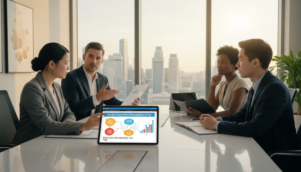 A photorealistic image depicting the concept of tax residency benefits in Singapore, featuring a diverse group of four business professionals engaged in a discussion around a modern conference table. In the foreground, a female Asian financial advisor in professional attire points to a digital tablet displaying charts and graphs illustrating double taxation treaties (DTAs) in vibrant colors. In the middle, a male European entrepreneur and a female African business owner attentively examine documents and share insights. The background showcases a sleek office environment with a large window revealing the iconic Singapore skyline, bathed in warm, natural light that creates an inviting atmosphere. The overall mood conveys collaboration and professionalism, emphasizing the strategic benefits of Singapore tax residency in a business context. A photorealistic image depicting the concept of tax residency benefits in Singapore, featuring a diverse group of four business professionals engaged in a discussion around a modern conference table. In the foreground, a female Asian financial advisor in professional attire points to a digital tablet displaying charts and graphs illustrating double taxation treaties (DTAs) in vibrant colors. In the middle, a male European entrepreneur and a female African business owner attentively examine documents and share insights. The background showcases a sleek office environment with a large window revealing the iconic Singapore skyline, bathed in warm, natural light that creates an inviting atmosphere. The overall mood conveys collaboration and professionalism, emphasizing the strategic benefits of Singapore tax residency in a business context.