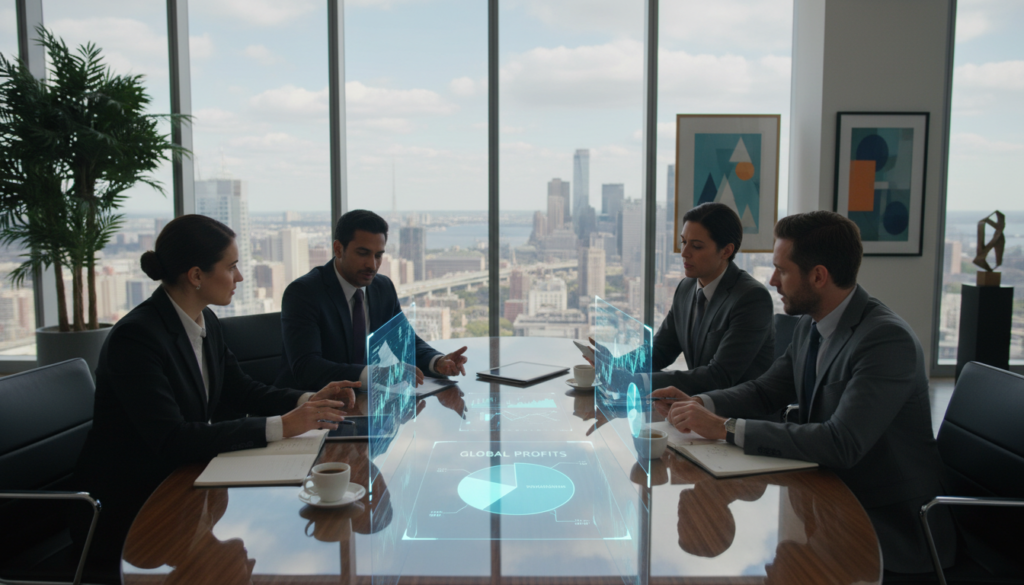 A photorealistic image depicting the concept of "value creation" in a corporate setting. In the foreground, a diverse group of four professionals in business attire are engaged in a deep discussion around a sleek conference table displaying financial charts and graphs. In the middle ground, large windows overlook a bustling cityscape, symbolizing opportunities and growth. The background features a modern office with plants and abstract art, creating a vibrant yet professional atmosphere. Soft, natural lighting filters through the windows, casting light on the group's focused expressions. The angle is slightly above eye level, offering a dynamic view of collaboration and decision-making, embodying the essence of foreign shareholders strategizing the repatriation of profits. A photorealistic image depicting the concept of "value creation" in a corporate setting. In the foreground, a diverse group of four professionals in business attire are engaged in a deep discussion around a sleek conference table displaying financial charts and graphs. In the middle ground, large windows overlook a bustling cityscape, symbolizing opportunities and growth. The background features a modern office with plants and abstract art, creating a vibrant yet professional atmosphere. Soft, natural lighting filters through the windows, casting light on the group's focused expressions. The angle is slightly above eye level, offering a dynamic view of collaboration and decision-making, embodying the essence of foreign shareholders strategizing the repatriation of profits.