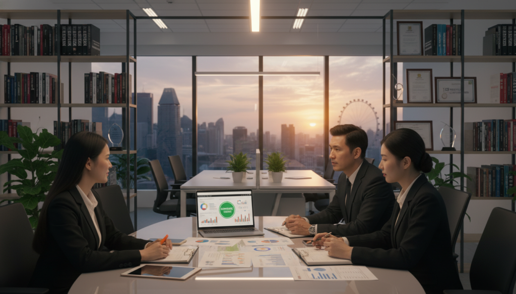 A photorealistic image depicting the theme of "company compliance" in a modern business setting. In the foreground, a diverse group of three professionals, dressed in professional business attire, are engaged in a discussion around a sleek conference table filled with documents, spreadsheets, and a laptop displaying financial graphs. In the middle ground, a well-organized office environment with a large window showcasing a view of Singapore’s skyline, allowing natural light to illuminate the scene. The background features shelves filled with compliance-related books and certificates, adding a sense of professionalism and trust. The overall atmosphere is one of collaboration and diligence, with warm lighting creating a welcoming and productive mood. A photorealistic image depicting the theme of "company compliance" in a modern business setting. In the foreground, a diverse group of three professionals, dressed in professional business attire, are engaged in a discussion around a sleek conference table filled with documents, spreadsheets, and a laptop displaying financial graphs. In the middle ground, a well-organized office environment with a large window showcasing a view of Singapore’s skyline, allowing natural light to illuminate the scene. The background features shelves filled with compliance-related books and certificates, adding a sense of professionalism and trust. The overall atmosphere is one of collaboration and diligence, with warm lighting creating a welcoming and productive mood.