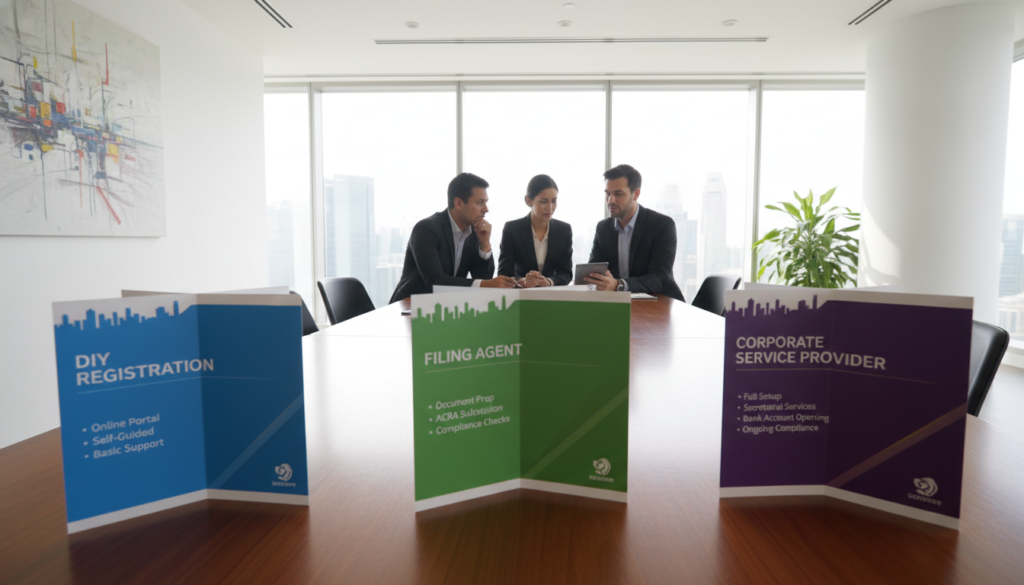 A photorealistic image illustrating a comparison of company registration services in Singapore. In the foreground, a sleek, modern table displays three distinct service package brochures: one labeled "DIY", another "Filing Agent", and the last "Corporate Service Provider". Each brochure is presented in a professional manner, featuring unique designs and colors to distinguish them. In the middle ground, a diverse group of three business professionals, two men and one woman, are engaged in a discussion, dressed in smart business attire, pointing at the brochures with focused expressions. The background features a bright, contemporary office space with large windows allowing natural light to illuminate the scene, creating a warm and inviting atmosphere that emphasizes professionalism and clarity. The angle is slightly elevated, capturing both the table and the engaged discussion. A photorealistic image illustrating a comparison of company registration services in Singapore. In the foreground, a sleek, modern table displays three distinct service package brochures: one labeled "DIY", another "Filing Agent", and the last "Corporate Service Provider". Each brochure is presented in a professional manner, featuring unique designs and colors to distinguish them. In the middle ground, a diverse group of three business professionals, two men and one woman, are engaged in a discussion, dressed in smart business attire, pointing at the brochures with focused expressions. The background features a bright, contemporary office space with large windows allowing natural light to illuminate the scene, creating a warm and inviting atmosphere that emphasizes professionalism and clarity. The angle is slightly elevated, capturing both the table and the engaged discussion.