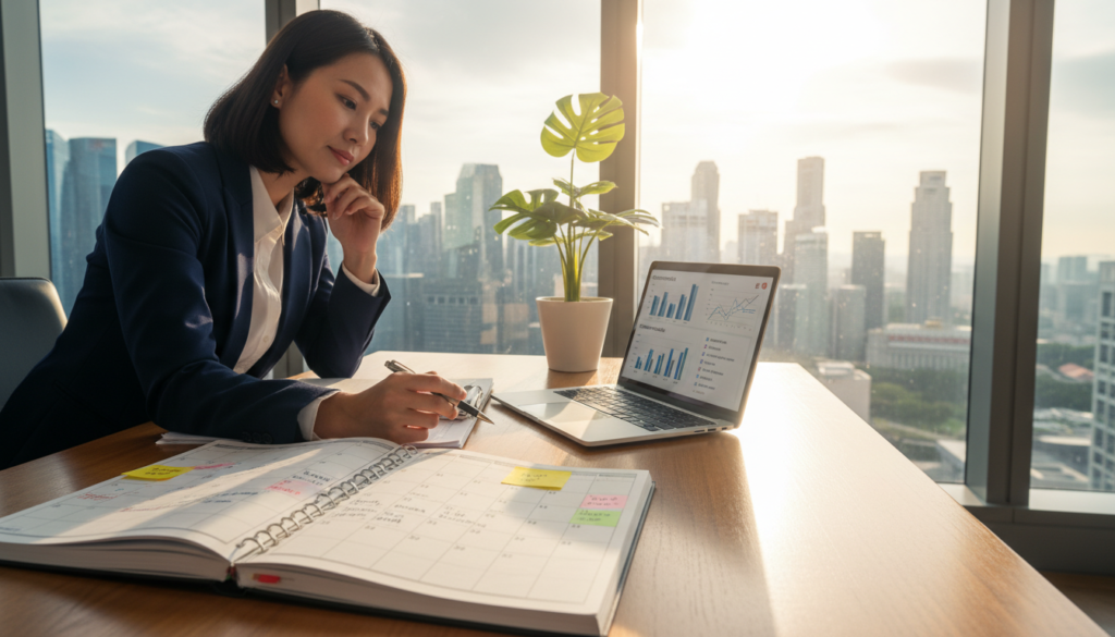 A photorealistic image of a compliance calendar designed for a corporate setting in Singapore. In the foreground, a sleek wooden desk displays an open calendar with neatly organized dates, important regulatory deadlines, and colorful markers highlighting compliance dates. On one side, a professional businesswoman in smart attire is reviewing documents, showing engagement with the calendar. The middle ground features a modern laptop with graphs and compliance checklists on the screen, alongside a potted plant adding a touch of greenery. The background captures a large window overlooking the Singapore skyline, with sunlight streaming in, creating a bright and productive atmosphere. The overall mood conveys professionalism and organization, essential for corporate compliance in Singapore.