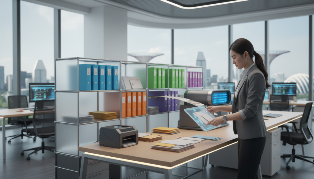 A photorealistic image of a modern mail handling area in a sleek virtual office environment. In the foreground, a professional woman in business attire checks a digital device wrapped in packaging while sorting through a stack of envelopes and packages on a stylish, minimalist desk. The middle layer showcases organized shelves filled with colorful boxes and mail, with a high-tech scanner nearby. In the background, a bright, airy office space features large windows letting in natural light, showcasing a cityscape of Singapore. The atmosphere is dynamic and efficient, emphasizing flexibility and professionalism, suitable for startups and SMEs in a contemporary virtual office setting. The scene is captured with soft lighting, using a depth of field that focuses on the mail handling setup while gently blurring the background.