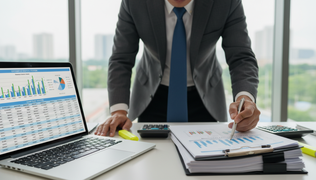A photorealistic image of a neatly arranged desk in a modern office environment, showcasing a detailed statement of accounts. In the foreground, an open laptop displays a financial spreadsheet with various colorful graphs and figures, indicating analysis and preparation. Beside it, a stack of printed financial documents, including balance sheets and cash flow statements, neatly organized with a professional binder clip. The middle ground includes a well-dressed professional, wearing business attire, intently reviewing the documents with a focused expression, surrounded by financial tools like calculators and highlighters. The background features a soft-focused window with natural light streaming in, creating a calm and productive atmosphere, reflecting diligence and accuracy in financial statement preparation.