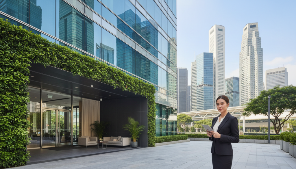 A photorealistic image of a prestigious business address in Singapore, featuring a modern glass building with an elegant entrance, surrounded by lush greenery. In the foreground, a well-dressed businesswoman in a professional suit stands confidently, holding a tablet, showcasing the dynamic nature of startup founders. The middle ground includes a stylish reception area with contemporary furniture and vibrant potted plants, conveying a warm yet professional atmosphere. In the background, iconic skyscrapers of Singapore's Central Business District rise against a bright, clear sky, illuminated by soft natural light, reflecting the energy of a bustling metropolis. The angle captures the entirety of the scene, creating an inviting and aspirational depiction of a prime business location. A photorealistic image of a prestigious business address in Singapore, featuring a modern glass building with an elegant entrance, surrounded by lush greenery. In the foreground, a well-dressed businesswoman in a professional suit stands confidently, holding a tablet, showcasing the dynamic nature of startup founders. The middle ground includes a stylish reception area with contemporary furniture and vibrant potted plants, conveying a warm yet professional atmosphere. In the background, iconic skyscrapers of Singapore's Central Business District rise against a bright, clear sky, illuminated by soft natural light, reflecting the energy of a bustling metropolis. The angle captures the entirety of the scene, creating an inviting and aspirational depiction of a prime business location.