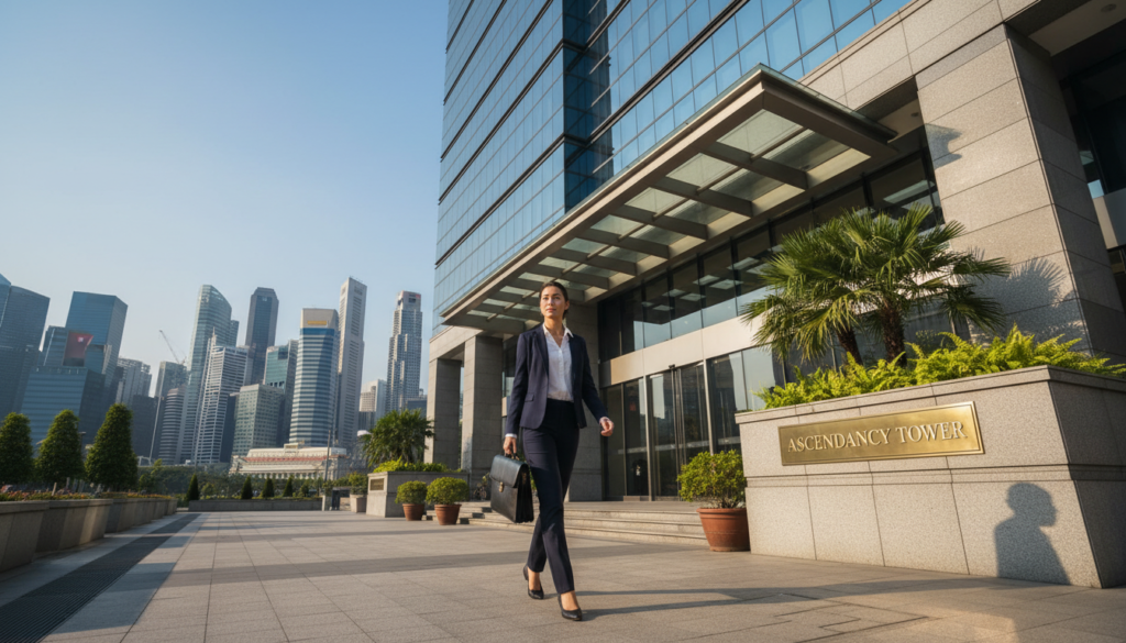 A photorealistic image of a prestigious office building located in Singapore, showcasing a modern architectural design with glass facades reflecting the skyline. In the foreground, a professional businesswoman in smart attire confidently walks towards the entrance, carrying a briefcase. The middle ground captures the office building's entrance, adorned with lush greenery and elegant signage enhancing the image of credibility. In the background, a clear blue sky complements the high-rise buildings of Singapore's central business district, symbolizing a thriving business environment. The lighting is bright and inviting, conveying a sense of professionalism and success. The angle is slightly low, emphasizing the grandeur of the building while framing the businesswoman as she approaches.