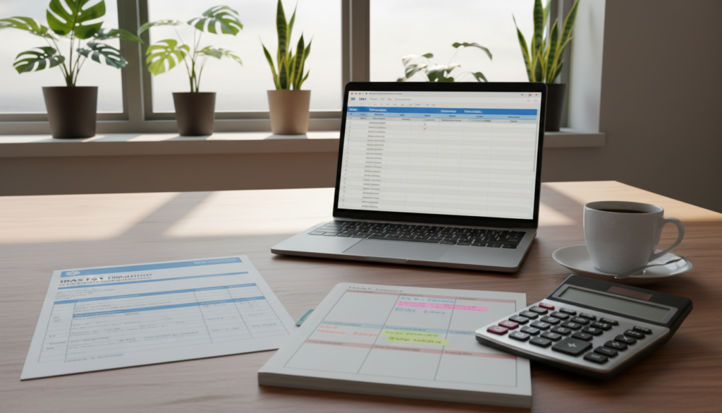 A photorealistic image of an IRAS tax filing schedule laid out on a sleek, modern wooden desk. In the foreground, a well-organized planner with visible dates and deadlines marked in bright colors, alongside a professional-looking calculator. In the middle ground, an elegant laptop displaying tax-related spreadsheets, and a half-full coffee cup giving a sense of a busy work environment. The background features a large window with natural daylight streaming in, casting soft shadows, and a few potted plants adding a touch of greenery. The overall atmosphere is one of professionalism and focus, reflecting the essential nature of tax compliance for Singapore companies throughout the financial year.