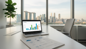 A photorealistic image showcasing a modern office space presenting various plans and packages. In the foreground, a sleek white desk with a detailed brochure laid out, displaying icons and illustrations of different service levels. To the side, an elegant plant adds a touch of greenery. In the middle, a well-organized laptop is open, displaying a colorful chart highlighting the various packages. Behind the desk, a large window reveals the Singapore skyline, bathed in warm natural light, creating an inviting atmosphere. The lighting is soft yet bright, emphasizing professionalism. A comfortable chair is visible in the background, hinting at a collaborative workspace. The overall mood is modern, clean, and dynamic, reflecting the versatility of virtual office services.