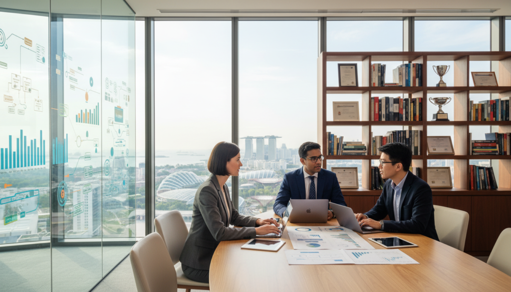 A photorealistic interior office scene depicting a bustling trading company. In the foreground, a diverse group of three professionals in business attire—two men and one woman—are engaged in a discussion around a modern conference table, with laptops and charts spread out before them. In the middle ground, large glass windows allow natural light to flood the space, revealing a panoramic view of Singapore's skyline with its iconic buildings. On a nearby wall, colorful infographics about trading structures are displayed. The background features shelves filled with industry-related books and awards, creating a professional yet welcoming atmosphere. The entire scene is bright and well-lit, emphasizing a sense of collaboration and growth in the trading industry. A photorealistic interior office scene depicting a bustling trading company. In the foreground, a diverse group of three professionals in business attire—two men and one woman—are engaged in a discussion around a modern conference table, with laptops and charts spread out before them. In the middle ground, large glass windows allow natural light to flood the space, revealing a panoramic view of Singapore's skyline with its iconic buildings. On a nearby wall, colorful infographics about trading structures are displayed. The background features shelves filled with industry-related books and awards, creating a professional yet welcoming atmosphere. The entire scene is bright and well-lit, emphasizing a sense of collaboration and growth in the trading industry.