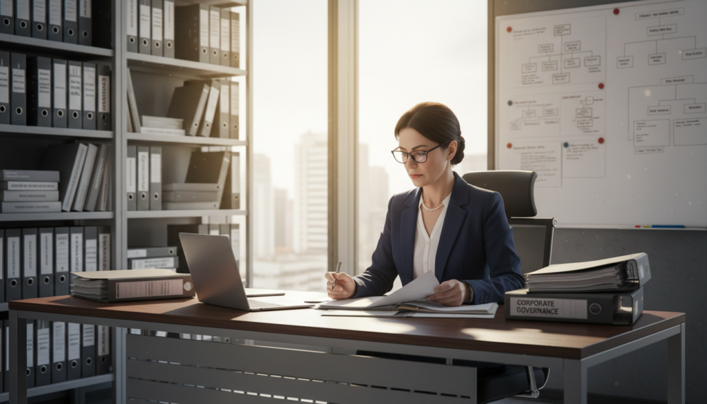 A photorealistic office scene depicting a professional company secretary at work, seated at a sleek modern desk adorned with compliance documents and a laptop. In the foreground, the secretary, a middle-aged woman in smart business attire, is reviewing paperwork with a focused expression. In the middle background, a large window lets in natural light, casting a warm glow across the office, and shelves filled with binders and compliance manuals can be seen. To the right, a whiteboard shows organizational charts and compliance strategies. The atmosphere is serious yet productive, emphasizing responsibility and diligence in corporate governance, with soft shadows enhancing the professional ambiance.