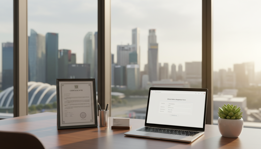 A photorealistic office setting depicting a professional environment centered around the concept of a "registered address." In the foreground, a sleek wooden desk holds a framed certificate of incorporation alongside basic office supplies. The middle ground features a modern laptop open to a digital address registration form, with a potted plant adding a touch of greenery. In the background, floor-to-ceiling windows showcase the iconic skyline of Singapore, illuminated by natural light pouring in, creating a bright and optimistic atmosphere. The overall mood is professional and focused, ideal for representing essential incorporation requirements. The scene is captured at eye-level, with a soft depth of field to emphasize the desk's details and provide a warm, inviting feel. A photorealistic office setting depicting a professional environment centered around the concept of a "registered address." In the foreground, a sleek wooden desk holds a framed certificate of incorporation alongside basic office supplies. The middle ground features a modern laptop open to a digital address registration form, with a potted plant adding a touch of greenery. In the background, floor-to-ceiling windows showcase the iconic skyline of Singapore, illuminated by natural light pouring in, creating a bright and optimistic atmosphere. The overall mood is professional and focused, ideal for representing essential incorporation requirements. The scene is captured at eye-level, with a soft depth of field to emphasize the desk's details and provide a warm, inviting feel.
