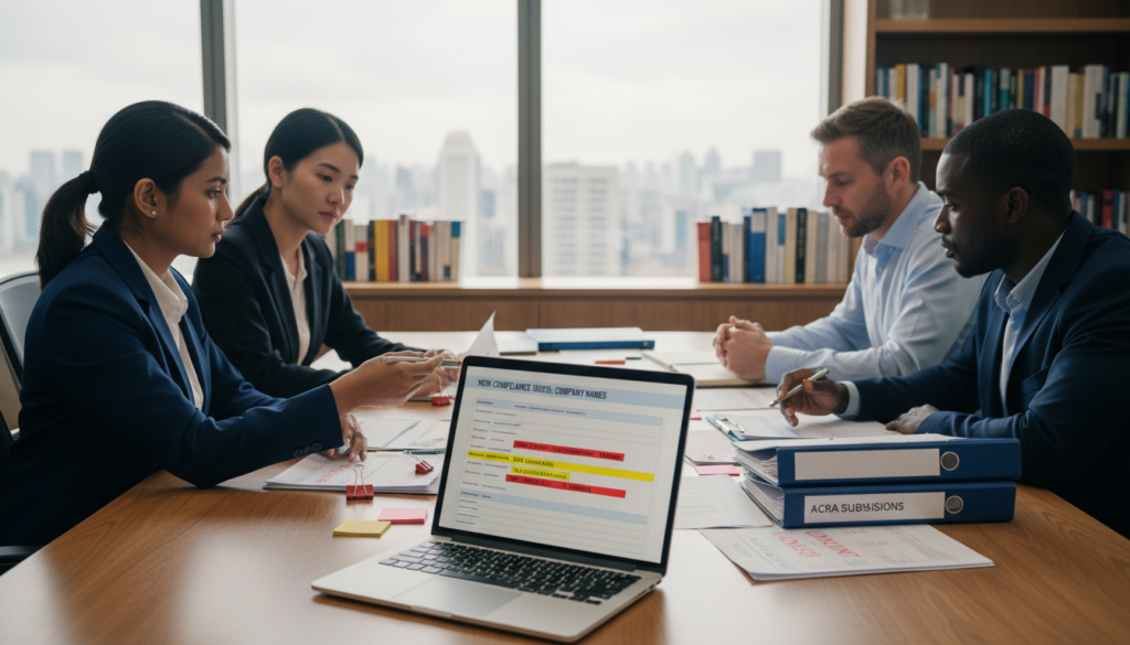 A photorealistic office setting showcasing a diverse group of professional individuals, including a South Asian woman and a Caucasian man in business attire, engaged in a serious discussion around a large conference table. The foreground features a laptop displaying an ACRA application form with highlighted areas indicating non-compliance issues with company names. In the middle ground, documents with red flags and notes labeled "Non-compliant Names" are scattered around the table, emphasizing the scrutiny of company names. The background includes shelves with business books and a large window letting in natural light, creating a bright and focused atmosphere. The image conveys a sense of urgency and professionalism, reflecting the critical nature of company name compliance in Singapore.