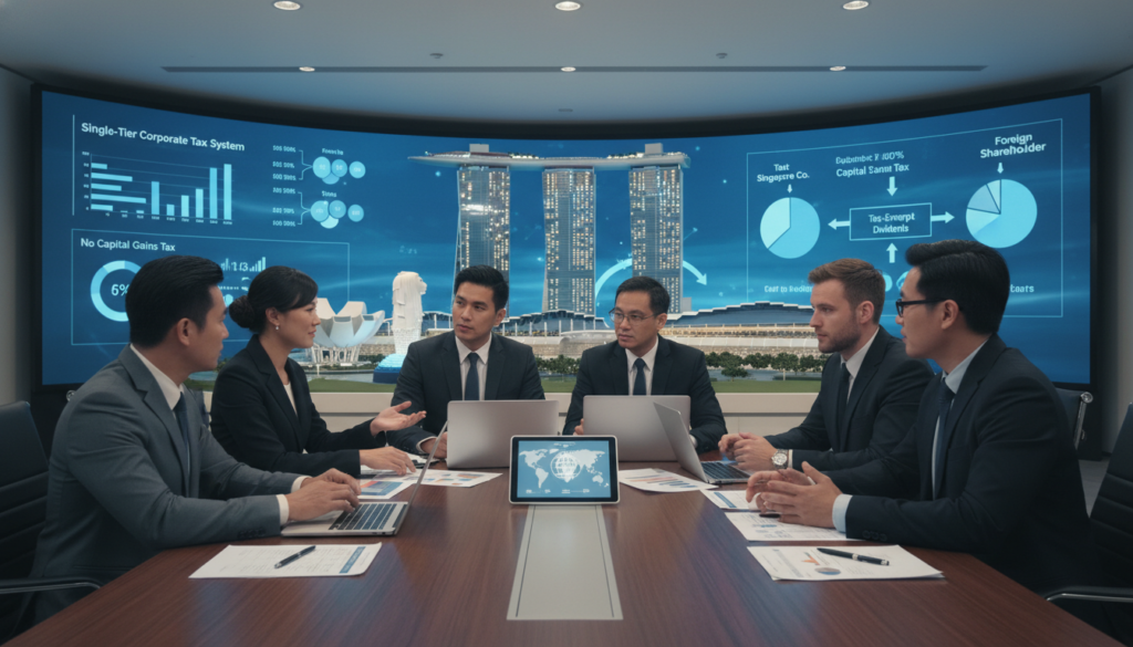 A photorealistic representation of Singapore's tax system, focusing on profit repatriation for foreign shareholders. In the foreground, include a diverse group of professionals in business attire engaged in a collaborative discussion around a sleek conference table, with financial documents and laptops open. In the middle, depict an intricately designed model of the Singapore skyline, featuring iconic buildings like Marina Bay Sands and the Merlion, symbolizing the country’s economic strength. The background should incorporate elements like charts and graphs illustrating tax structures and profit repatriation, presented on digital screens. Use soft, professional lighting to create a serious and focused atmosphere, shot from a slightly elevated angle to capture both the professionals and the skyline seamlessly. A photorealistic representation of Singapore's tax system, focusing on profit repatriation for foreign shareholders. In the foreground, include a diverse group of professionals in business attire engaged in a collaborative discussion around a sleek conference table, with financial documents and laptops open. In the middle, depict an intricately designed model of the Singapore skyline, featuring iconic buildings like Marina Bay Sands and the Merlion, symbolizing the country’s economic strength. The background should incorporate elements like charts and graphs illustrating tax structures and profit repatriation, presented on digital screens. Use soft, professional lighting to create a serious and focused atmosphere, shot from a slightly elevated angle to capture both the professionals and the skyline seamlessly.