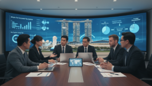 A photorealistic representation of Singapore's tax system, focusing on profit repatriation for foreign shareholders. In the foreground, include a diverse group of professionals in business attire engaged in a collaborative discussion around a sleek conference table, with financial documents and laptops open. In the middle, depict an intricately designed model of the Singapore skyline, featuring iconic buildings like Marina Bay Sands and the Merlion, symbolizing the country’s economic strength. The background should incorporate elements like charts and graphs illustrating tax structures and profit repatriation, presented on digital screens. Use soft, professional lighting to create a serious and focused atmosphere, shot from a slightly elevated angle to capture both the professionals and the skyline seamlessly.